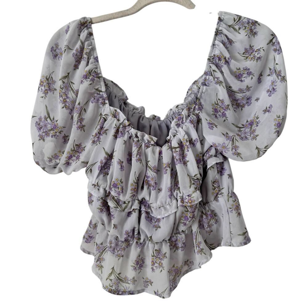 Lumiere Top Lavender Floral Ruched Peasant Cottagecore Milkmaid Size Medium